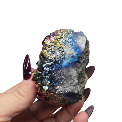 8.4oz Rainbow Aura Amethyst Electroplated Druzy Cluster III | Natural Crystal Raw Flat Bottom Stone