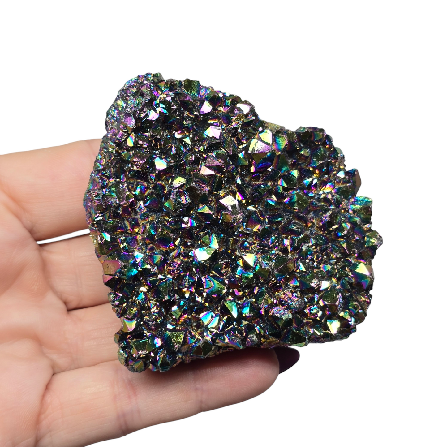 6.5oz Rainbow Aura Amethyst Electroplated Druzy Cluster V | Natural Crystal Raw Flat Bottom Stone