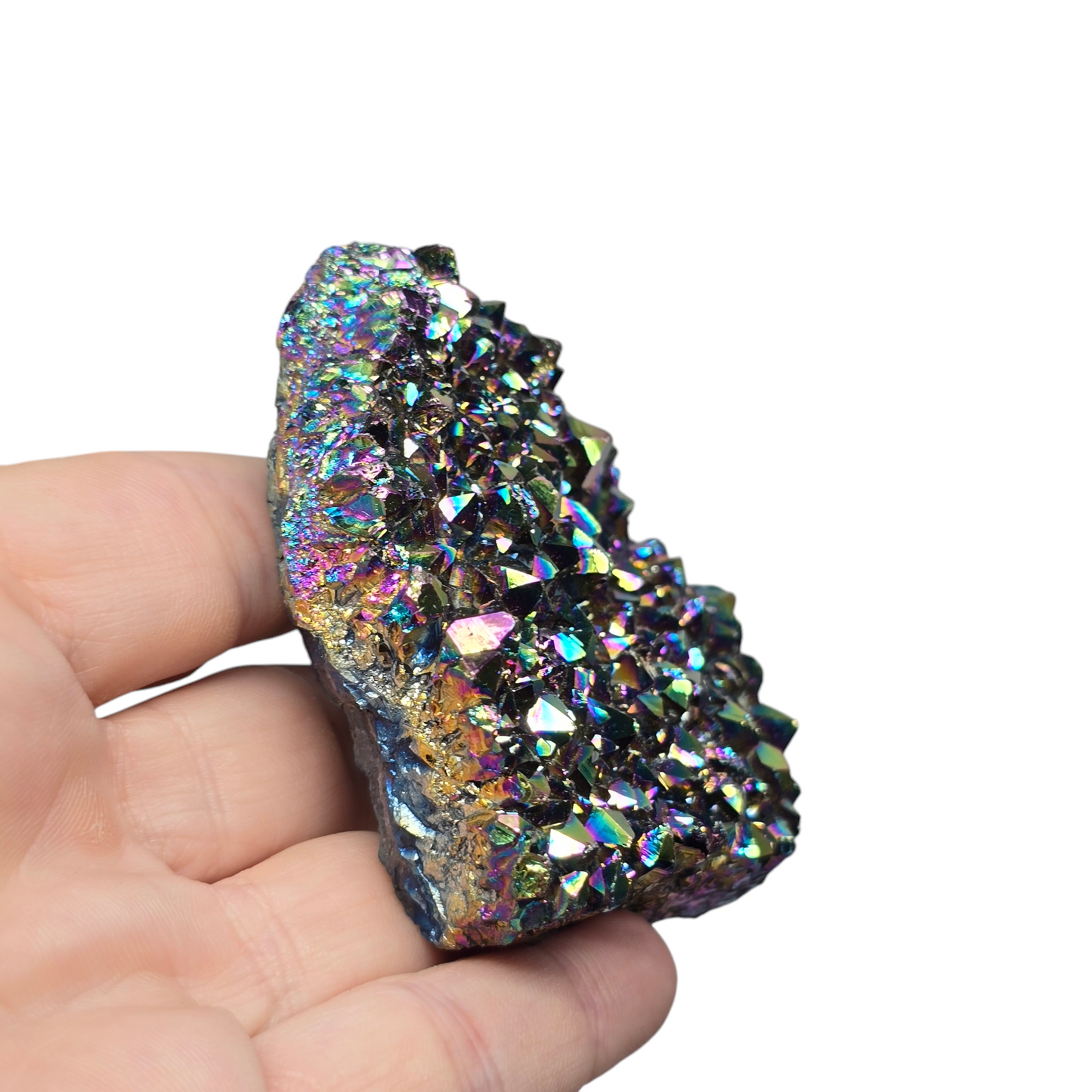 6.5oz Rainbow Aura Amethyst Electroplated Druzy Cluster V | Natural Crystal Raw Flat Bottom Stone