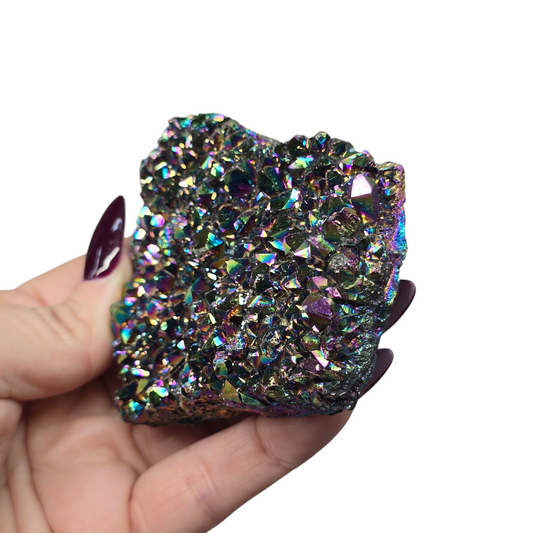 6.5oz Rainbow Aura Amethyst Electroplated Druzy Cluster V | Natural Crystal Raw Flat Bottom Stone