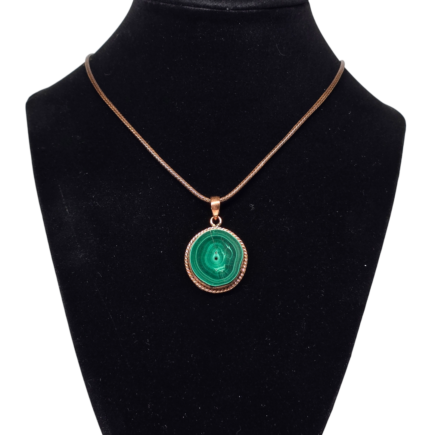 Malachite Crystal Copper Rope Round Necklace | Adjustable 18"-20" Brown Braided Wax Rope | Crab Claw