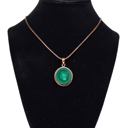 Malachite Crystal Copper Rope Round Necklace | Adjustable 18"-20" Brown Braided Wax Rope | Crab Claw