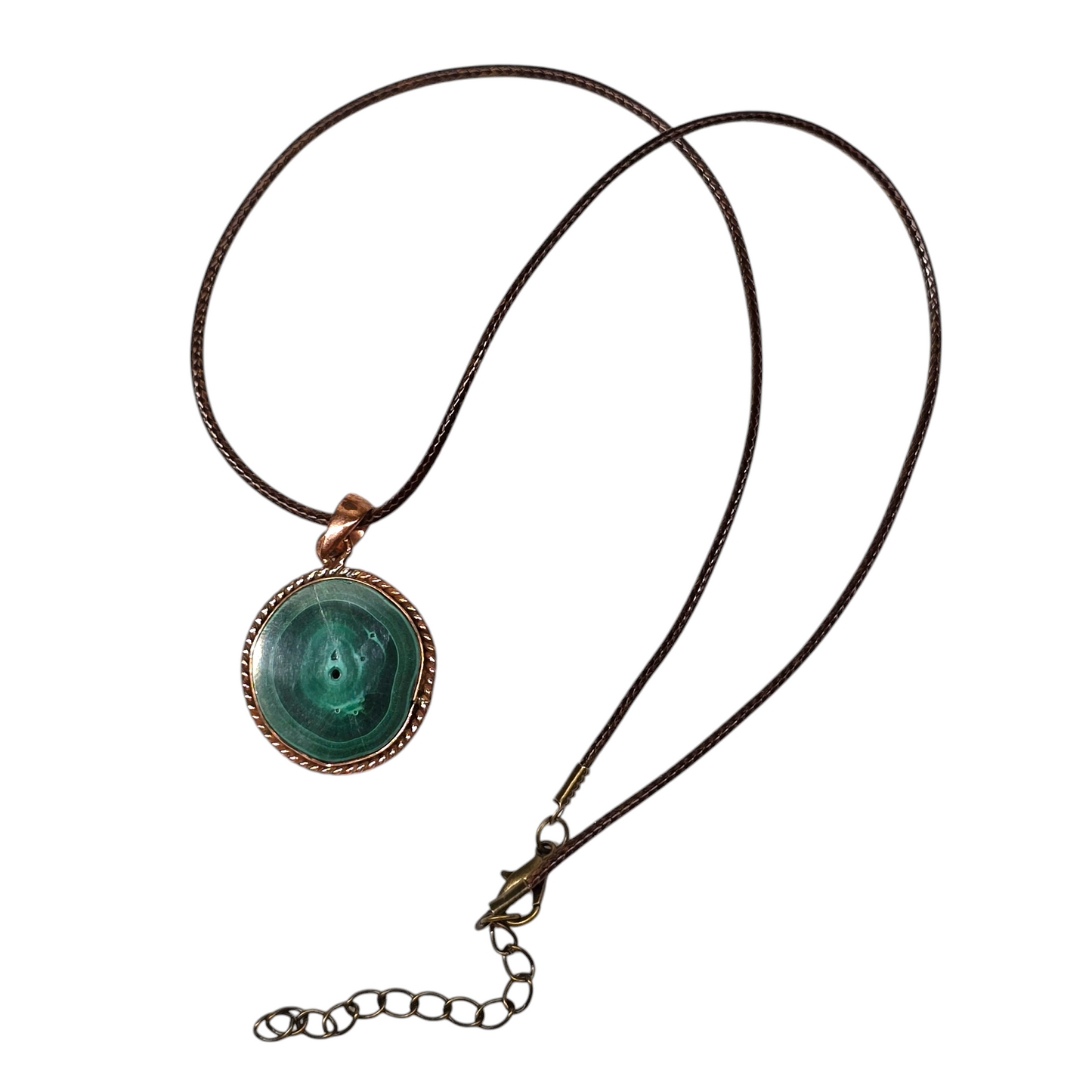 Malachite Crystal Copper Rope Round Necklace | Adjustable 18"-20" Brown Braided Wax Rope | Crab Claw