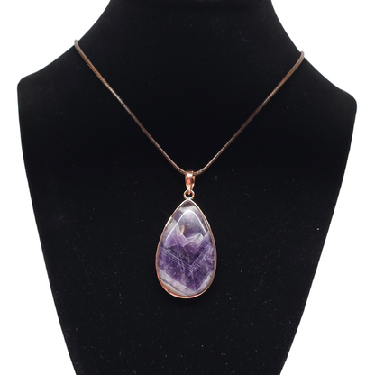 Amethyst Teardrop Crystal Copper Necklace | Adjustable 18"-20" Brown Braided Wax Rope | Crab Claw