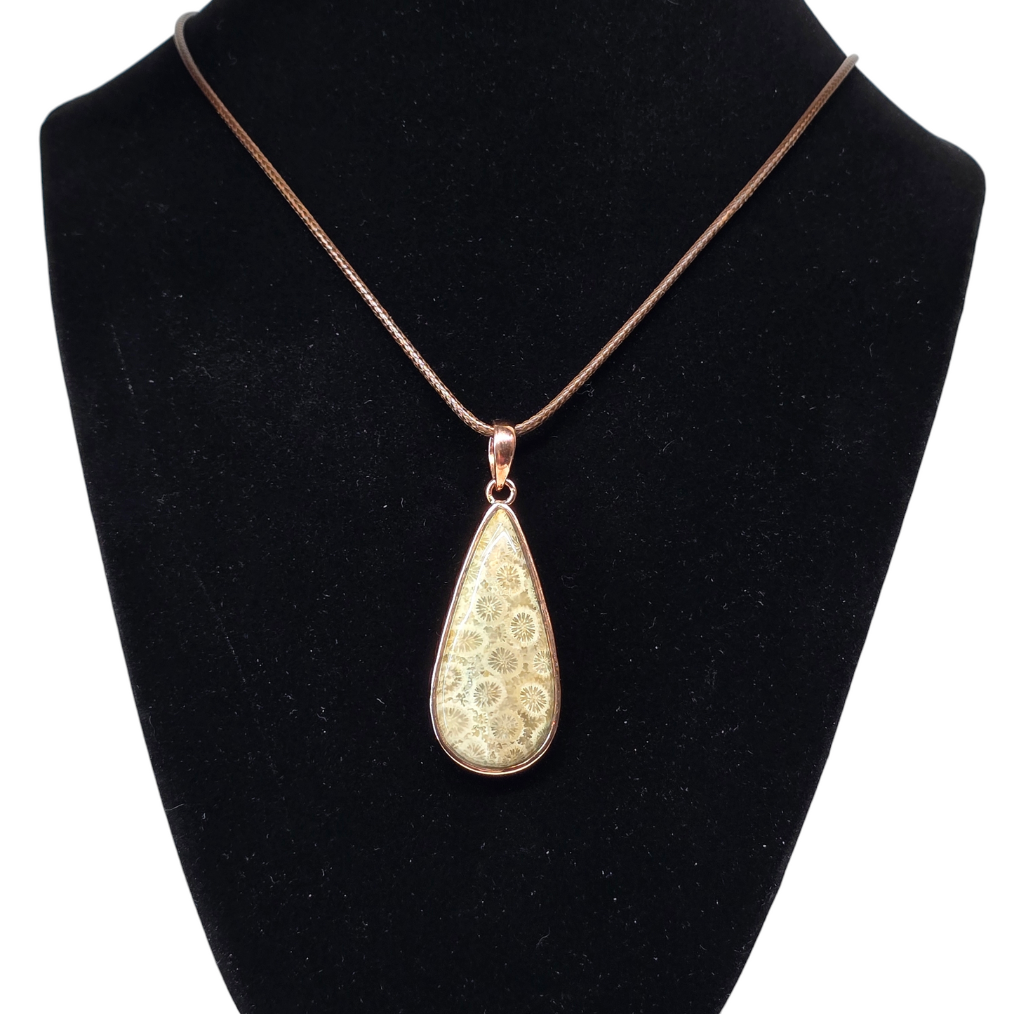 Coral Teardrop Crystal Copper Necklace | Adjustable 18"-20" Brown Braided Wax Rope | Crab Claw