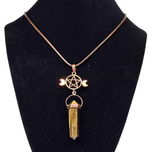 Tigers Eye Crystal Triple Moon Copper Pentacle Necklace | Adjustable 18"-20" Brown Braided Wax Rope | Crab Claw