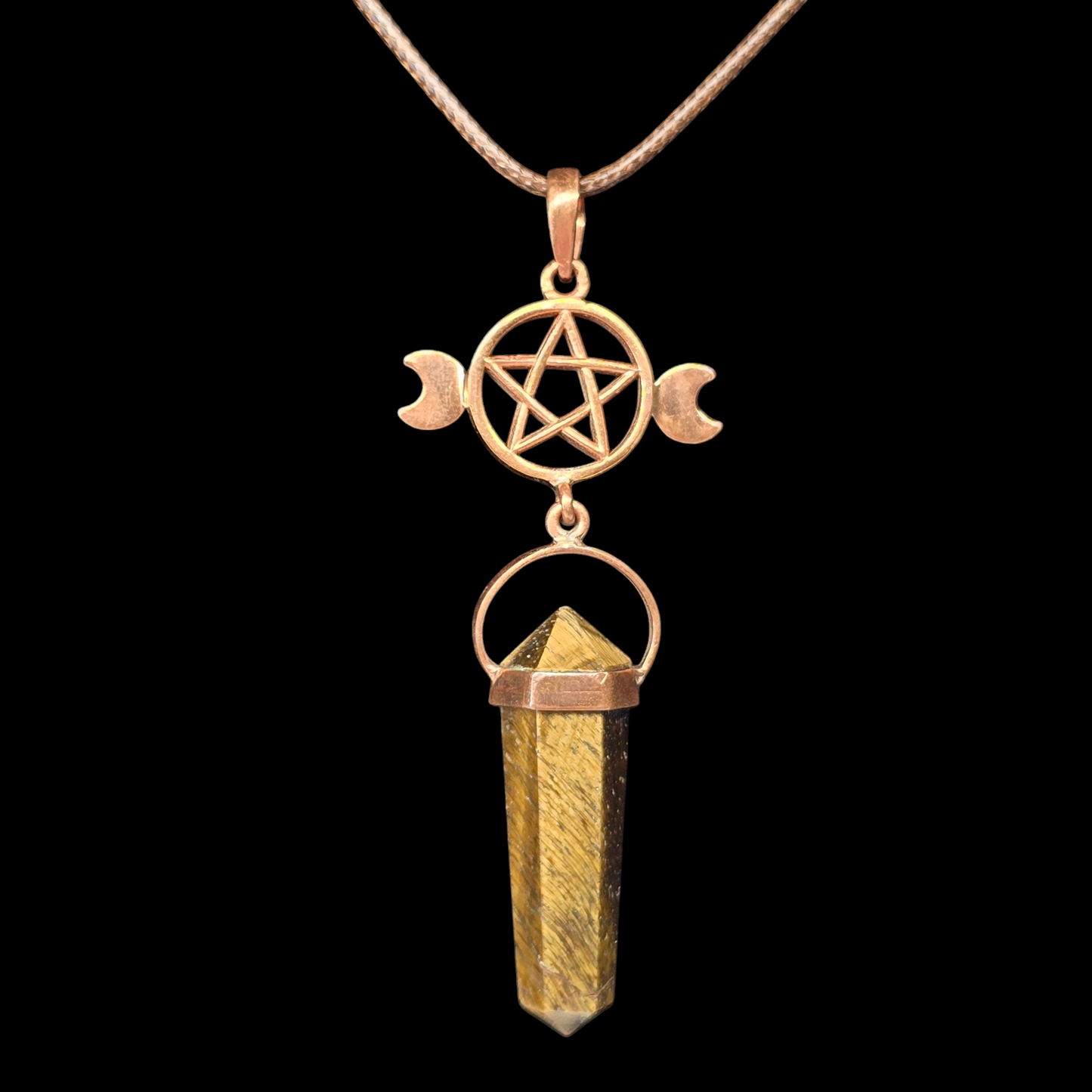 Tigers Eye Crystal Triple Moon Copper Pentacle Necklace | Adjustable 18"-20" Brown Braided Wax Rope | Crab Claw