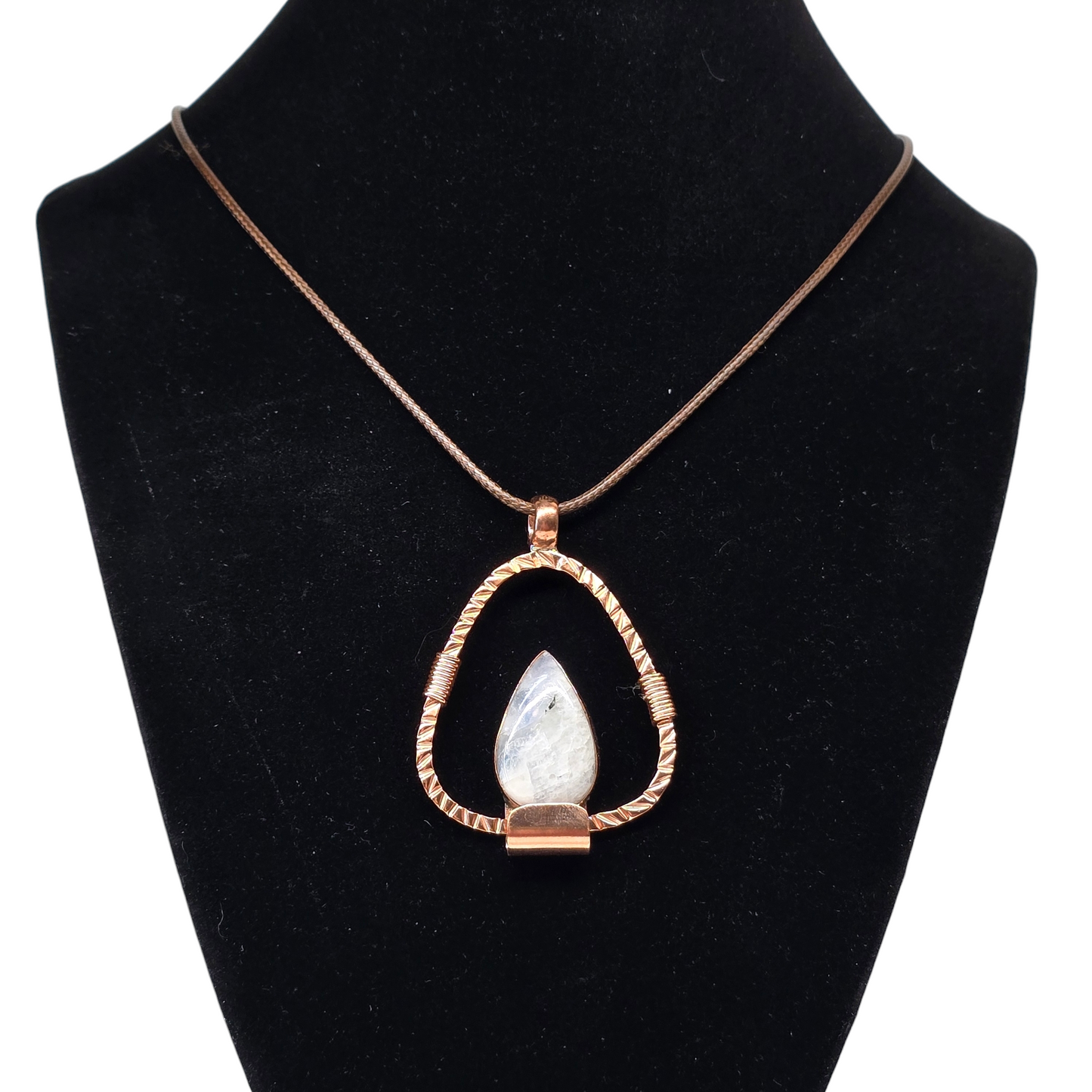 Rainbow Moonstone Copper Necklace | Adjustable 18"-20" Brown Braided Wax Rope | Crab Claw