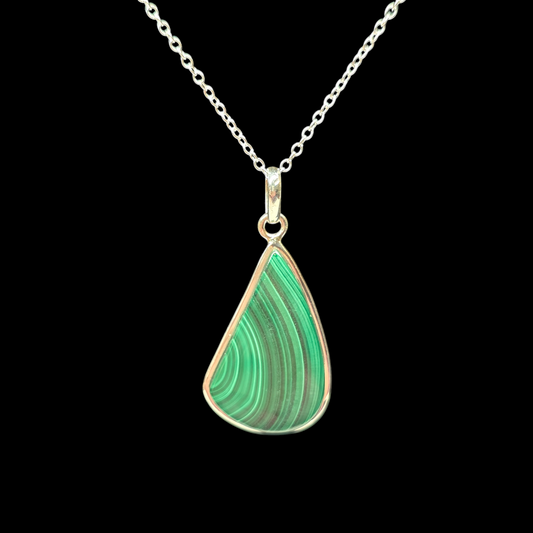 Malachite Triangle Crystal Sterling Silver Necklace | 22" s925 Chain | Crab Claw Clasp