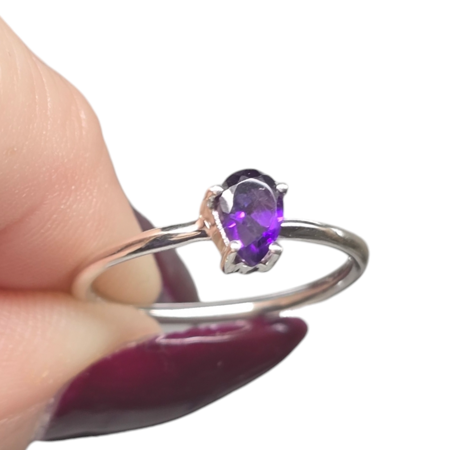 Amethyst Teardrop Crystal Sterling Silver Ring sz7