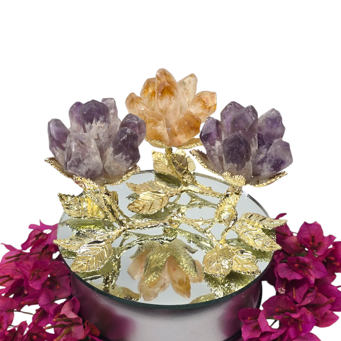 Crystal Raw Tooth Flower with Goldish Leaf Stem | Various Material | Unique Valentine's Anniversary Metaphysical Healing Love Gift