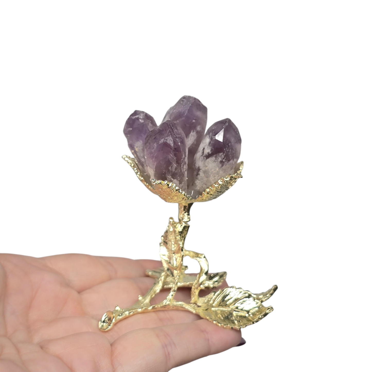 Crystal Raw Tooth Flower with Goldish Leaf Stem | Various Material | Unique Valentine's Anniversary Metaphysical Healing Love Gift