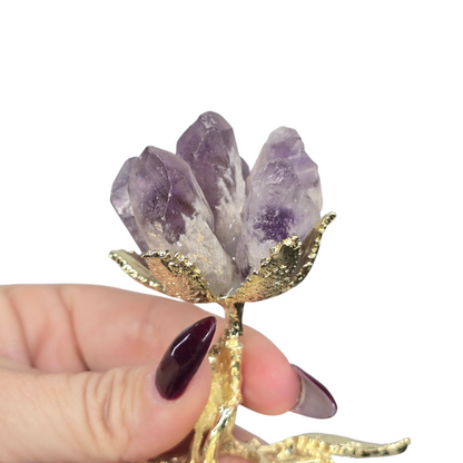 Crystal Raw Tooth Flower with Goldish Leaf Stem | Various Material | Unique Valentine's Anniversary Metaphysical Healing Love Gift