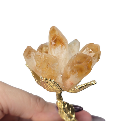 Crystal Raw Tooth Flower with Goldish Leaf Stem | Various Material | Unique Valentine's Anniversary Metaphysical Healing Love Gift