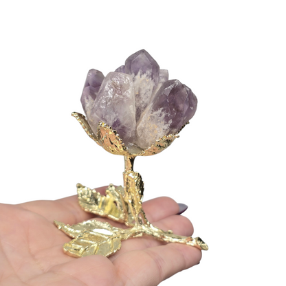 Crystal Raw Tooth Flower with Goldish Leaf Stem | Various Material | Unique Valentine's Anniversary Metaphysical Healing Love Gift