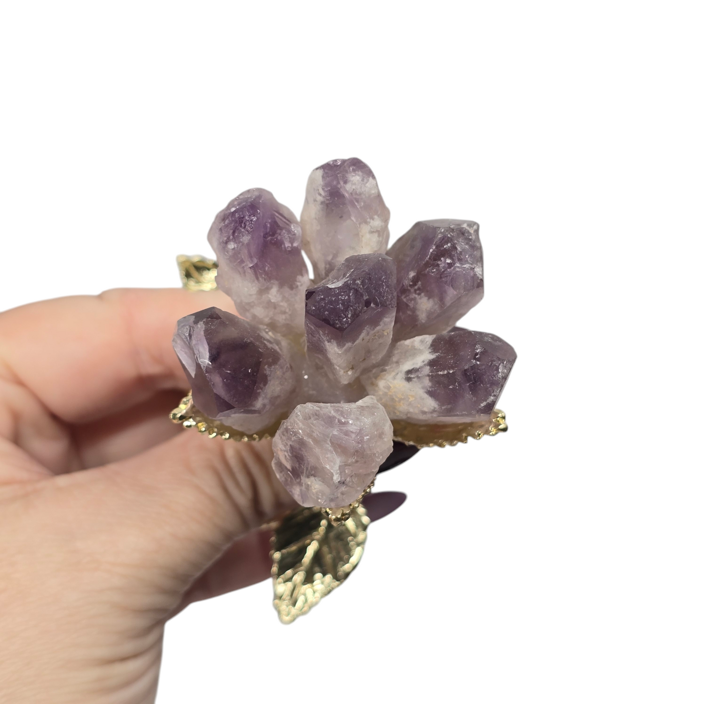 Crystal Raw Tooth Flower with Goldish Leaf Stem | Various Material | Unique Valentine's Anniversary Metaphysical Healing Love Gift