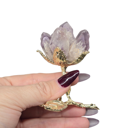 Crystal Raw Tooth Flower with Goldish Leaf Stem | Various Material | Unique Valentine's Anniversary Metaphysical Healing Love Gift