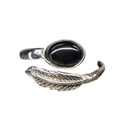 Obsidian Crystal Feather Sterling Silver Ring sz8