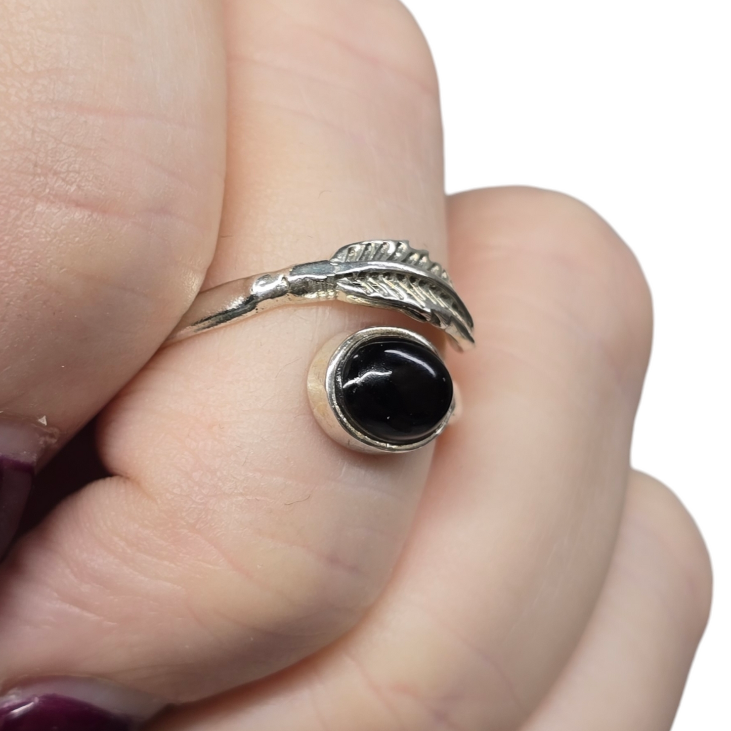 Obsidian Crystal Feather Sterling Silver Ring sz8