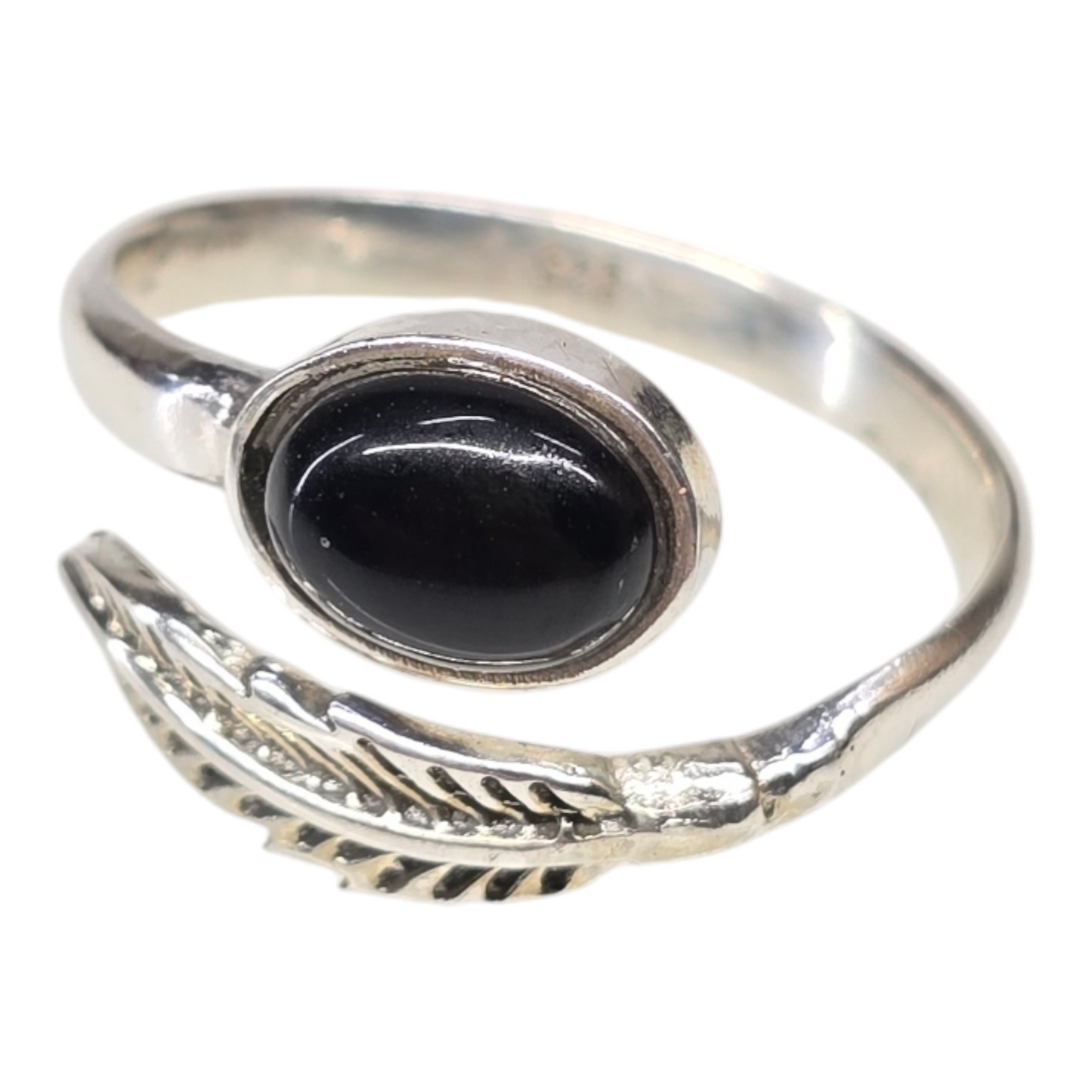 Obsidian Crystal Feather Sterling Silver Ring sz8