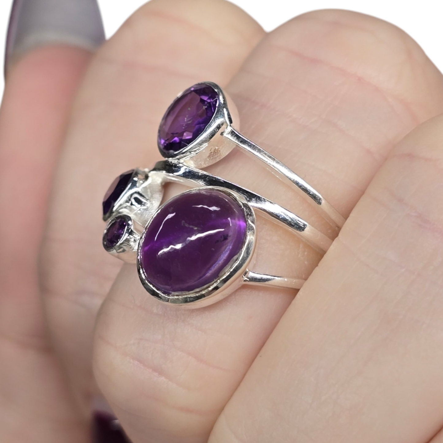 Amethyst Crystal Designer Sterling Silver Ring sz9