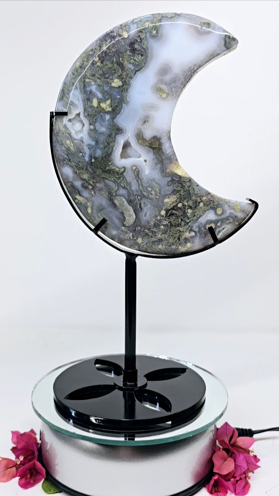 Moss Agate Crescent Crystal Moon with Stand | Natural Stone Carved & Polished