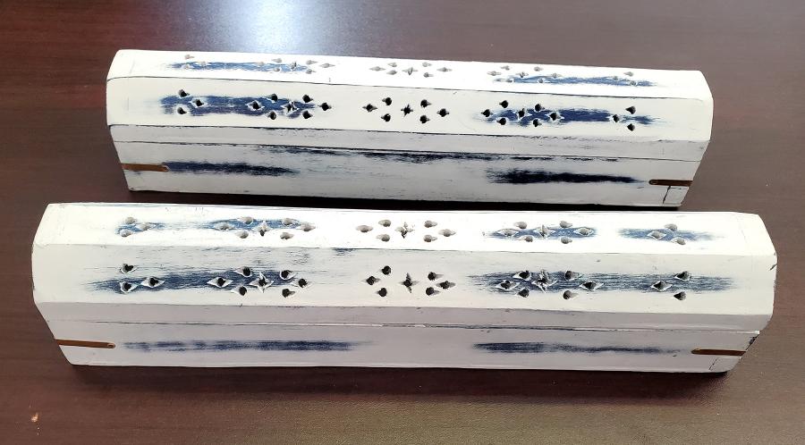 White Wash Blue Wood Coffin Incense Box | Ash Catcher| Cone Burner