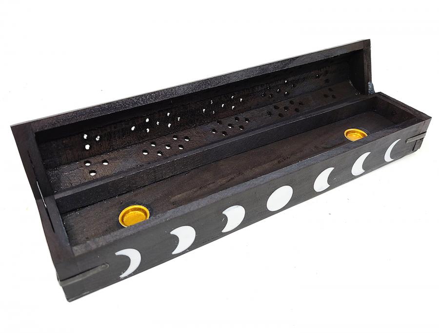 Moon Phase Wood Coffin Incense Ash Catcher & Cone Burner