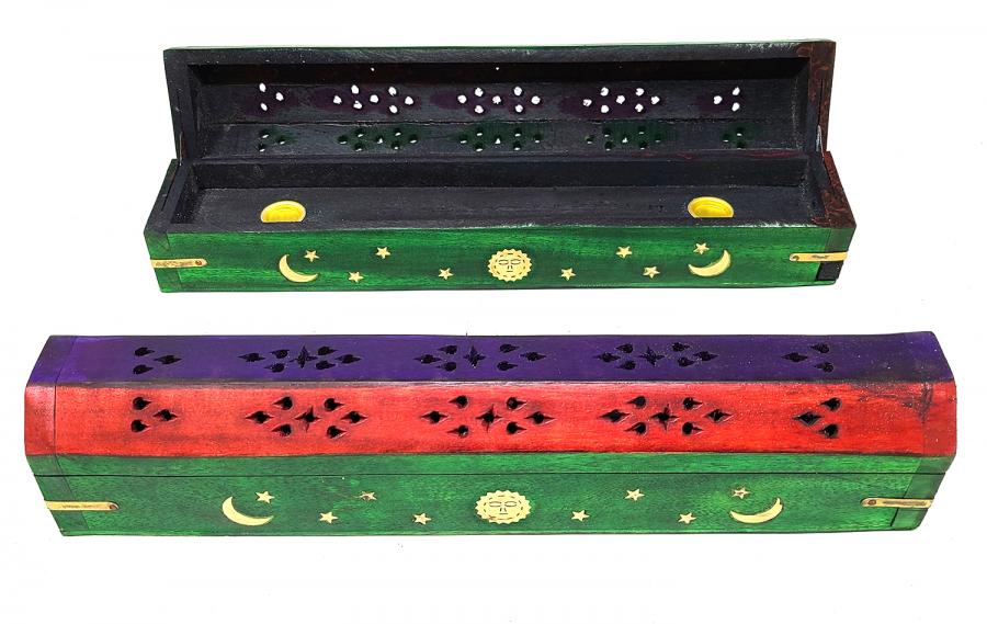 Celestial Multi Color Wood Coffin Incense Box | Ash Catcher| Cone Burner