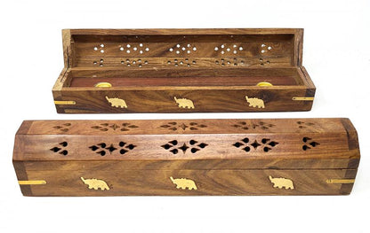 Elephant Inlaid Wood Coffin Incense Box | Ash Catcher | Cone Burner