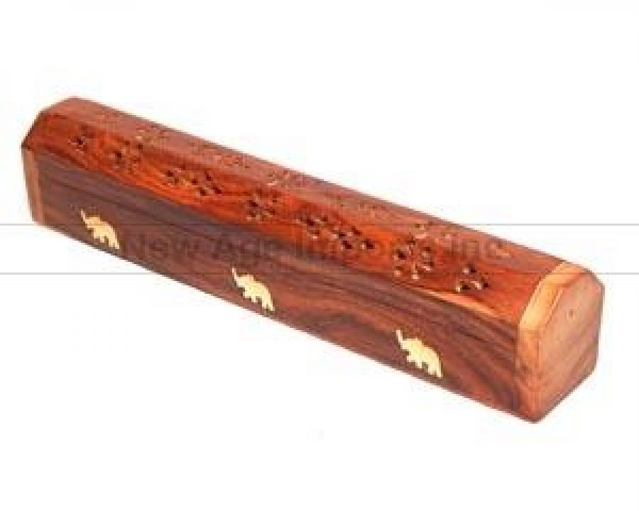 Elephant Inlaid Wood Coffin Incense Box | Ash Catcher | Cone Burner