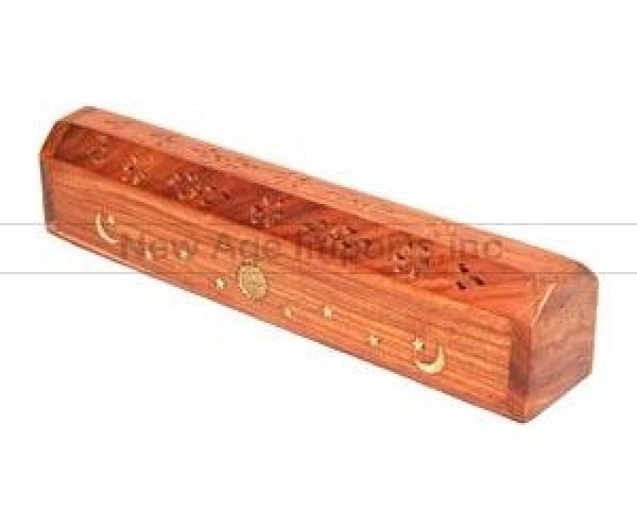 Celestial Moon & Stars Wood Coffin Incense Box | Ash Catcher | Cone Burner