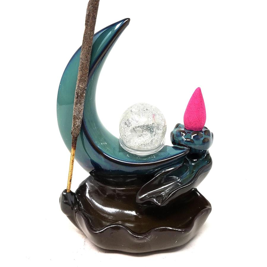 Crescent Moon Crytal Ball Waterfall Backflow Cone Incense Burner