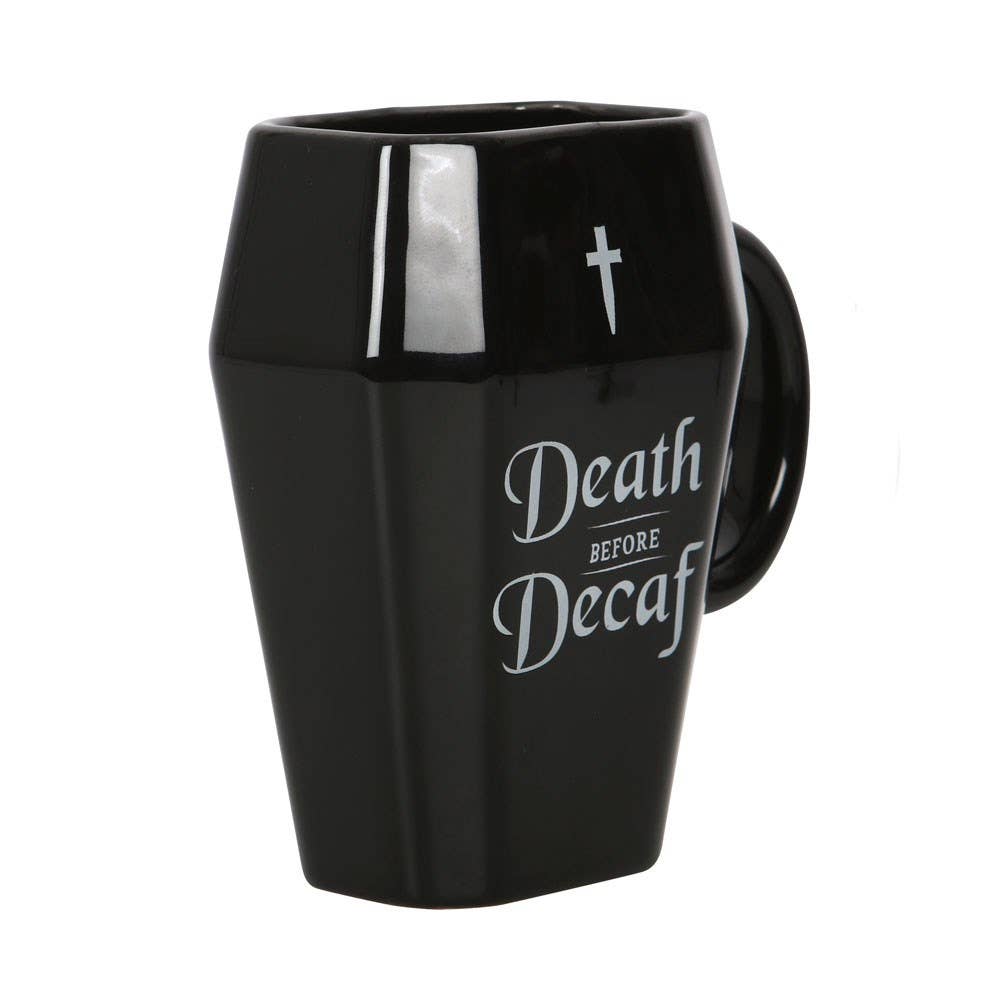 Gothic Halloween Death Before Decaf Coffin Mug