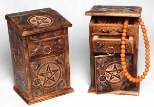 Pentacle Hand Carved Wood Herb Chest 9"x4"