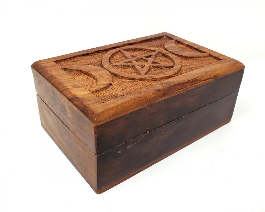 Triple Moon Pentagram Carved Wood Box 4"x6"