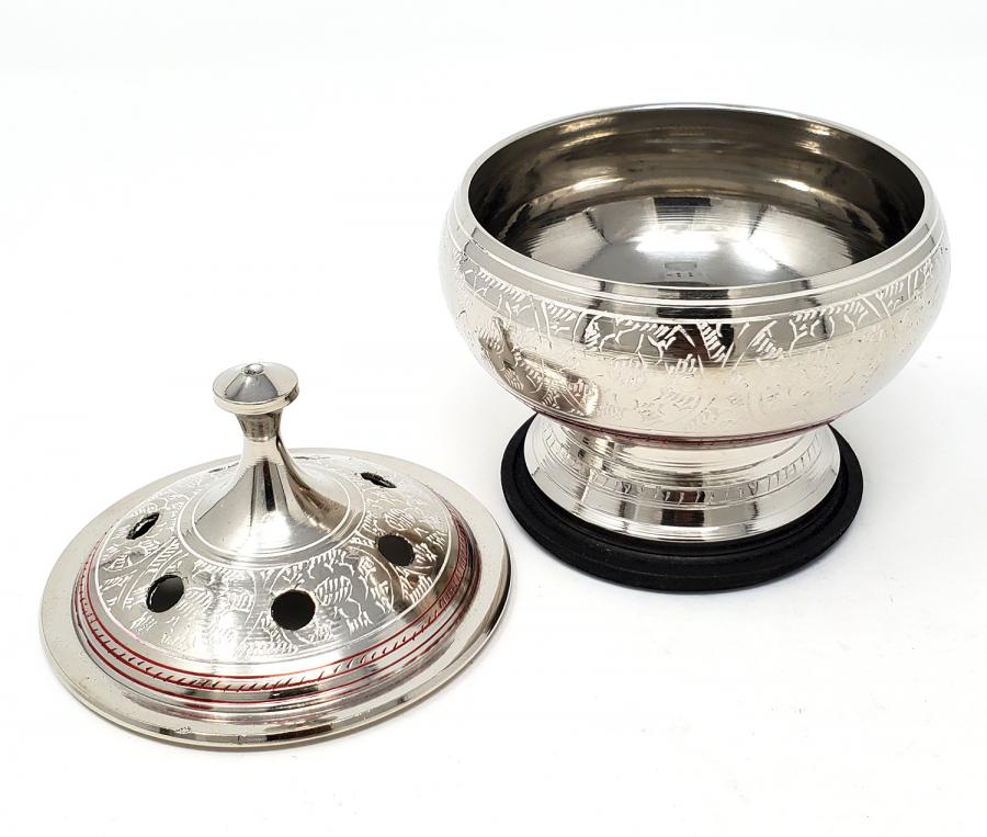 Silver Finish Engraved Brass Screen Charcoal Burner w/Coaster