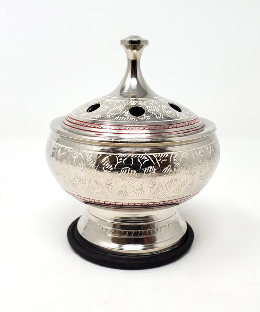 Silver Finish Engraved Brass Screen Charcoal Burner w/Coaster