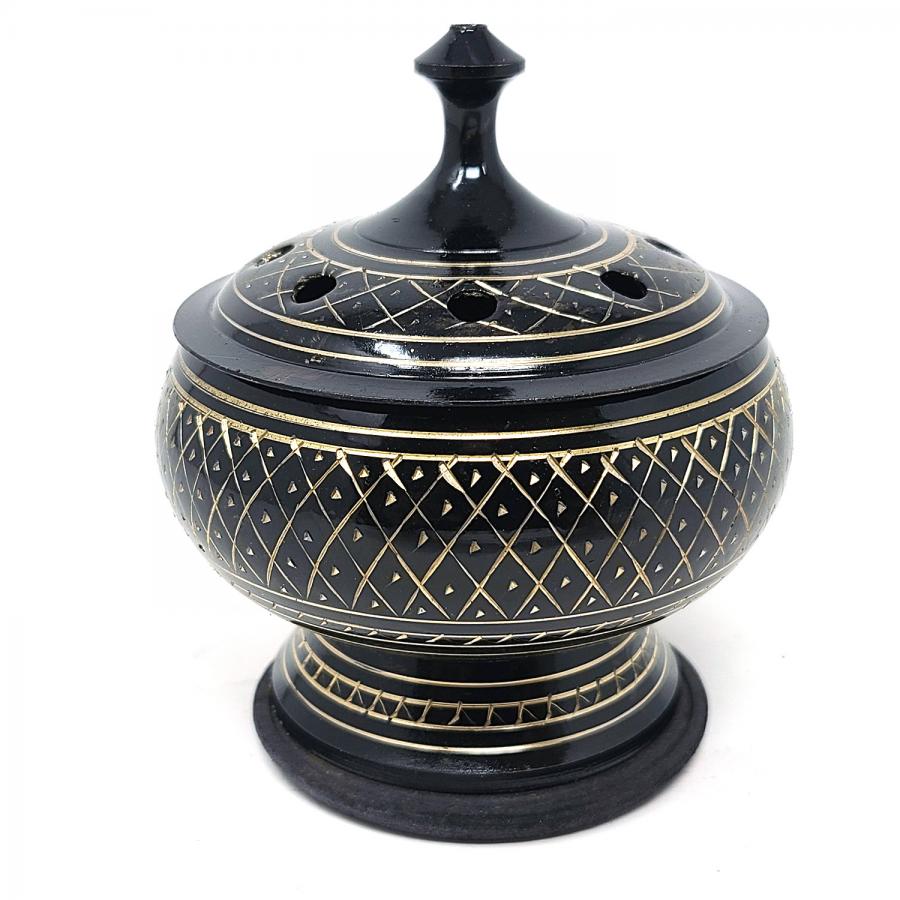 Black Carved Brass Burner 3"D 3.5"H w/Wooden Coaster & Lid