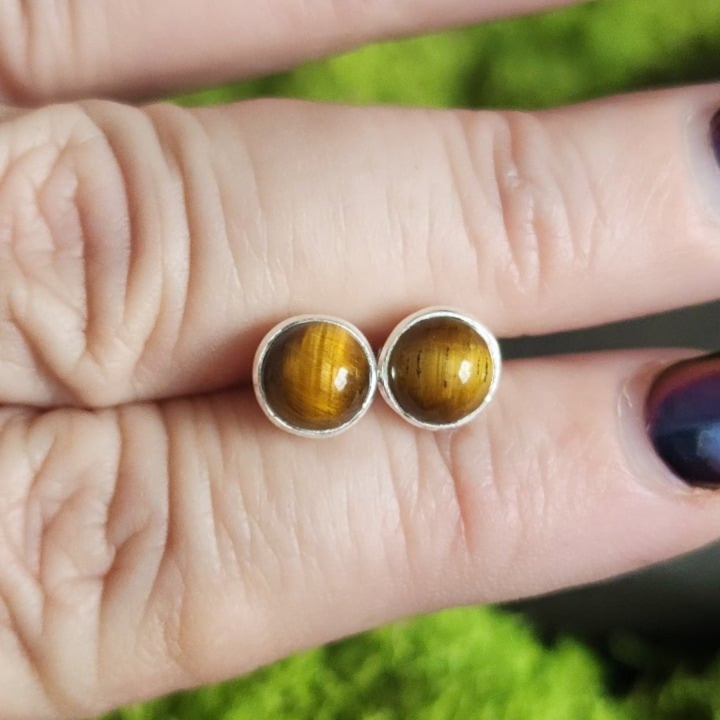 Sterling Silver 925 Tiger's Eye Dome Cut Stud Earrings