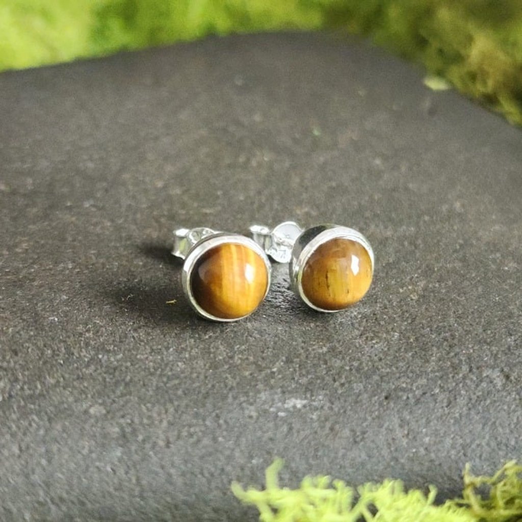 Sterling Silver 925 Tiger's Eye Dome Cut Stud Earrings