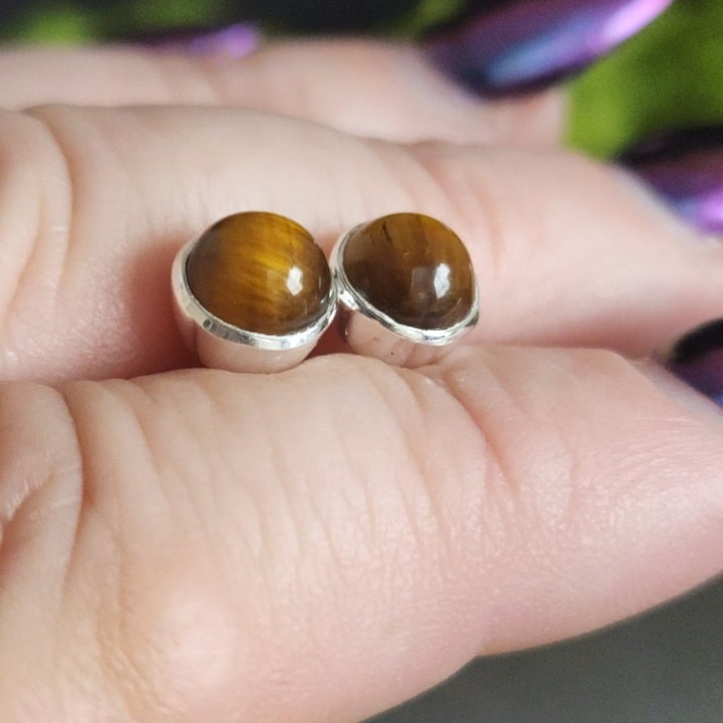 Sterling Silver 925 Tiger's Eye Dome Cut Stud Earrings