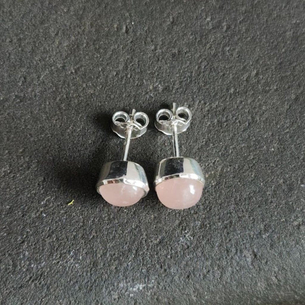 Sterling Silver 925 Rose Quartz Dome Cut Stud Earrings