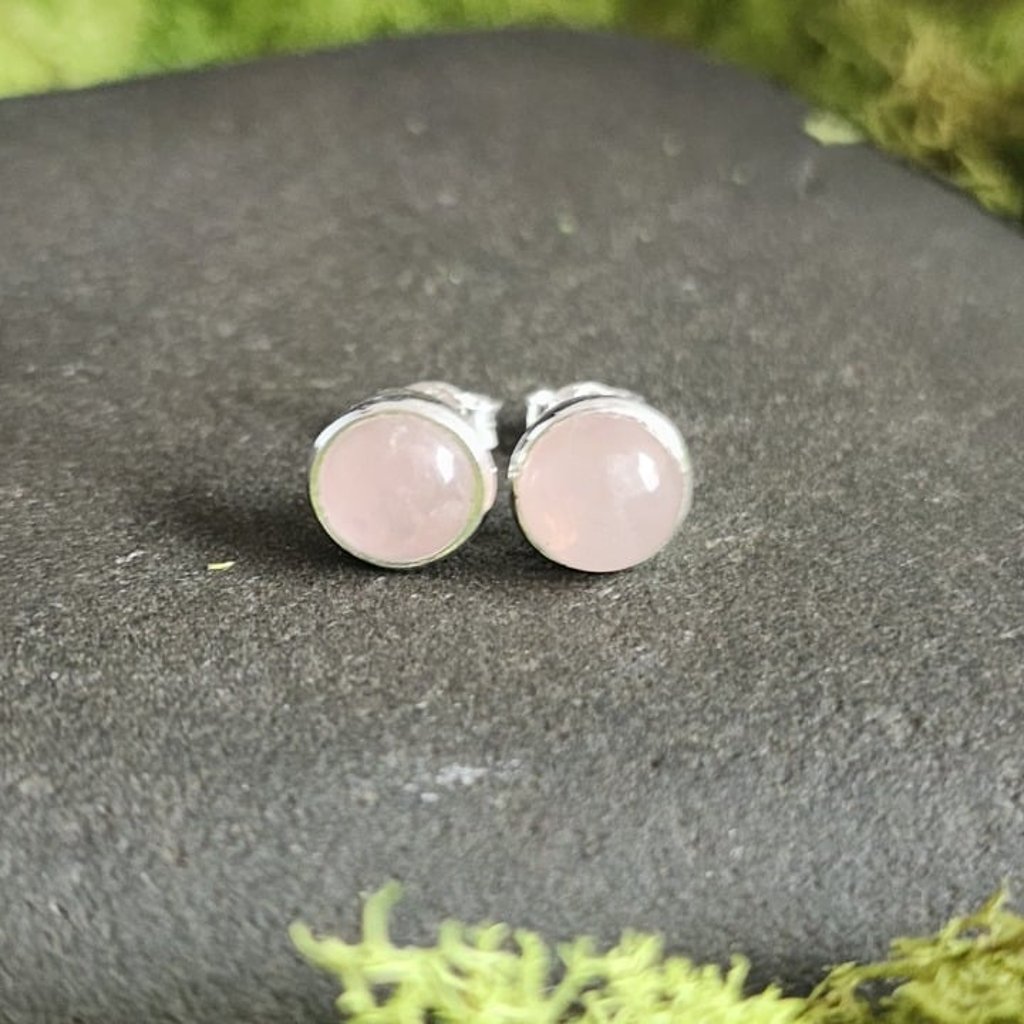 Sterling Silver 925 Rose Quartz Dome Cut Stud Earrings