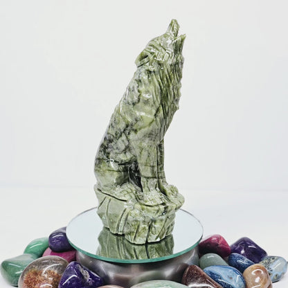 7"H Nephrite Green Jade Howling Wolf | Natural Crystal Carved & Polished Stone