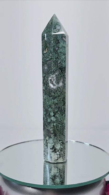 One-of-a-Kind Moss Agate Druzy Tower Point Generator | Natural Crystal Carved Stone