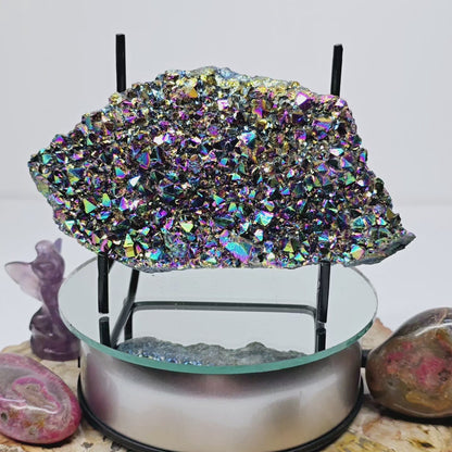 1lb Rainbow Aura Amethyst Electroplated Druzy Cluster IV | Natural Crystal Raw Flat Bottom Stone