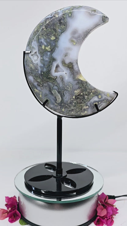 Moss Agate Crescent Crystal Moon with Stand | Natural Stone Carved & Polished