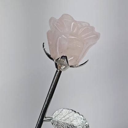 Rose Quartz Floral on Silverish Metal Stem with Leaves | Natural Crystal & Stone Carving | Unique Valentine's Anniversary Metaphysical Healing Love Gift