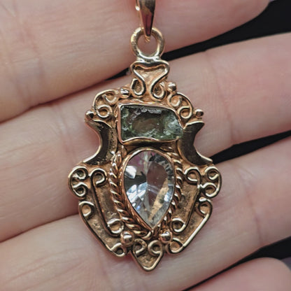 Moldavite & Clear Quartz Copper Crescent Moon Necklace | 20" S-Hook Chain